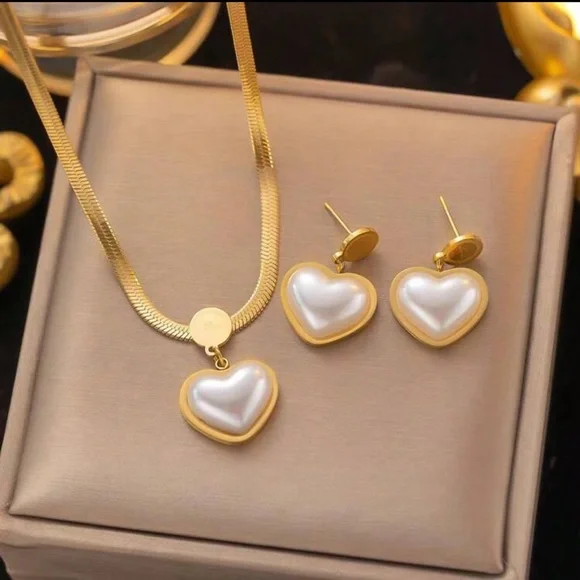 3pcs/Set Gold-Tone Stainless Steel Jewelry Set Including Flat Chain Heart - Picture 5 of 5